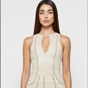 Maniere De Voir - Racer Neck High Shine Bodysuit (Beige, Size 10)